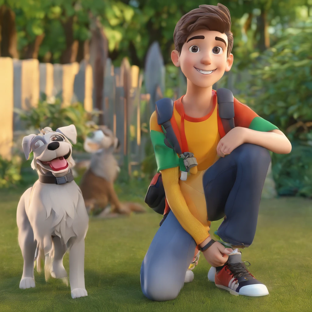 Lorenzo is a smiling -yeld hu boy, com seu fiel amigo, Bolt, o cachorro schnauzer de pelos escuros com pontas grisalhas no jardim