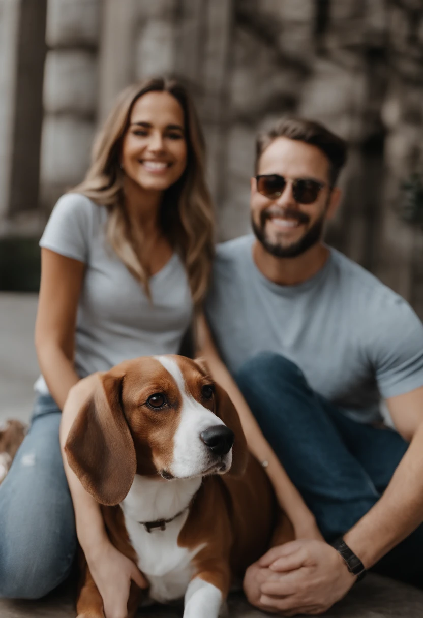 Pixar. Casal com um filhote de cachorro beagle marrom. A menina tem os cabelos loiros amarrados, Camiseta cinza e jeans claro, white glasses. O menino de cabelos pretos com cabelos grisalhos, barba pequena, oculos, Dark blue jeans and gray t-shirt. They are both smiling and are 40 years old