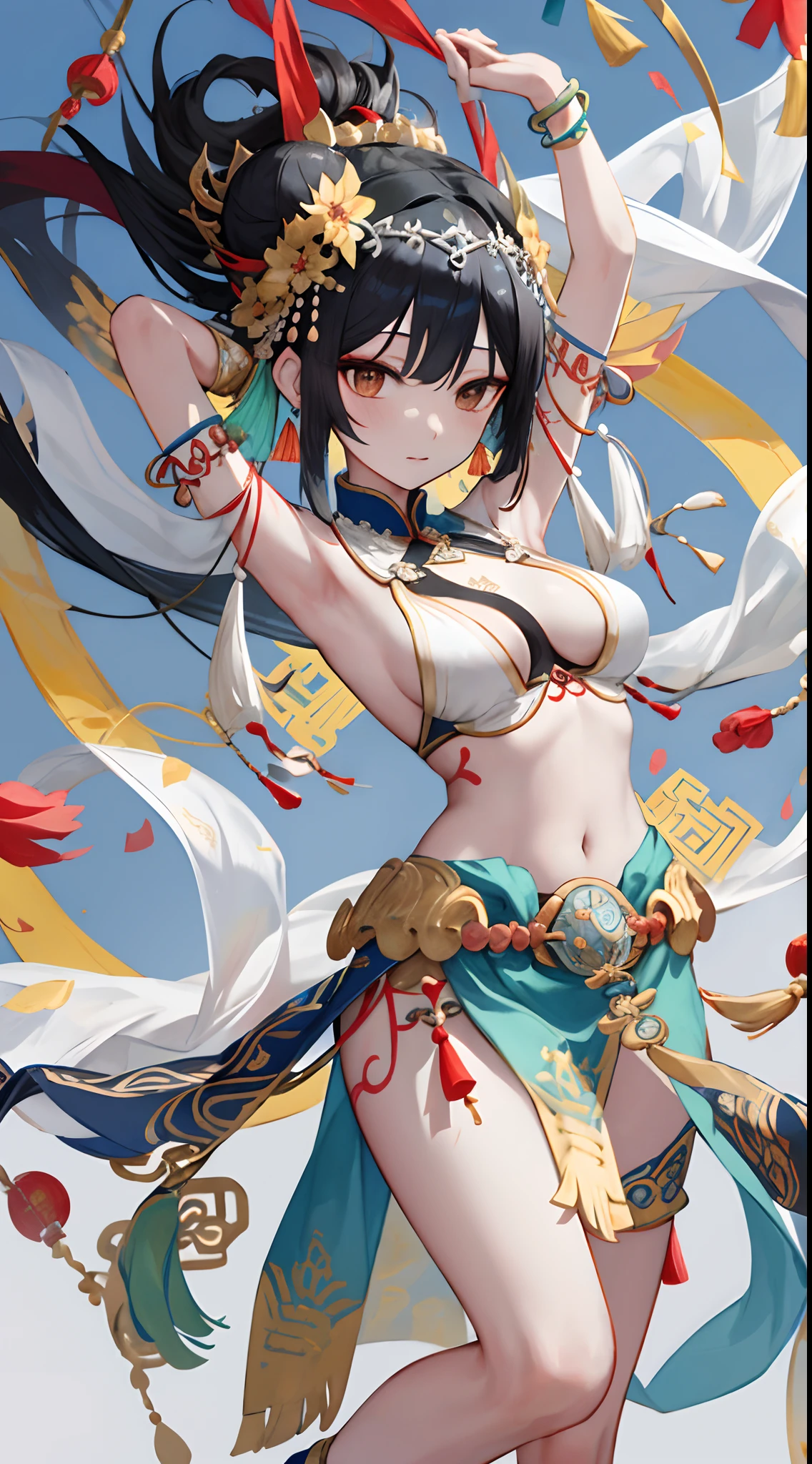 An ancient Chinese beauty, dancing, gorgeous costumes embroidered with complex embroidery, transparent long colored streamers tied on her arms, elegant, exposed belly button, bare shoulders, exposed neck, wreath, black hair bun and flower hairpin headband, Armbands are tied with ribbons, bracelets, anklets, metal chain tassels around the waist, Mogao Grottoes art, inspiration from Dunhuang Flying Apsaras murals, ink wash, cgstation pop --v 6