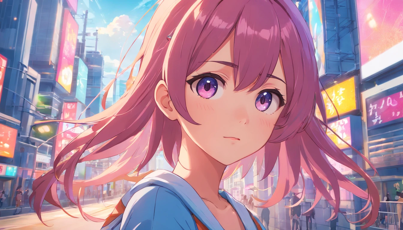 Menina anime com cabelo rosa longo e olhos azuis na cidade, body curvy, curvas voluptuosas, estilo de anime4 K, cabelo rosa twintail e olhos cianos, menina anime bonito, up de jovem garota anime, menina anime bonita, visual anime de uma menina bonito, retrato da menina anime bonito, uma garota de anime, menina anime bonita, menina anime retrato, Anime Art Wallpaper 8k, estilo anime. 8k