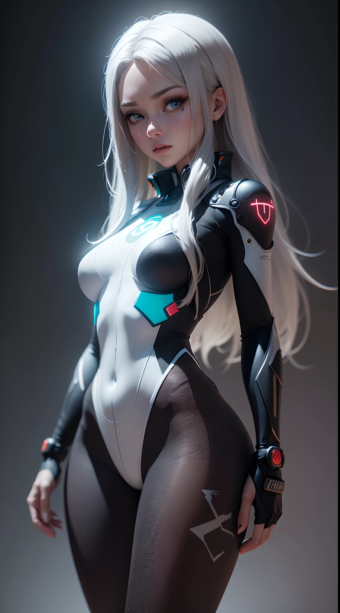 solo, super fine photo, full body picture Unreal Engine 5 8K UHD of a girl in a skin tight futuristic white latex Evangelion plug suit, slick white catsuit, black iconic character, smooth white skin, black body, PVC, glossy latex suit, rubber suit, rubber belts, collar, black rubber glove, high boots, arm and leg cuffs, straps, best quality, masterpiece, official art, unified 8k wallpaper, super detailed, sharp focus, girl and sexy pose, body parts