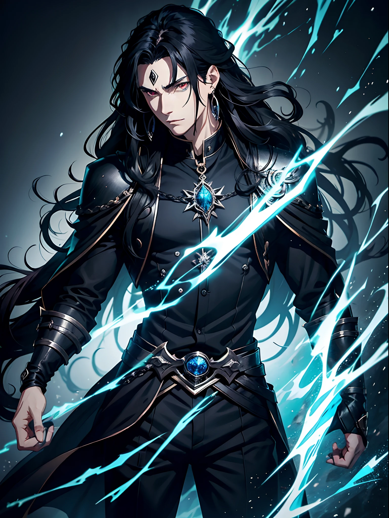 anime powerful man, dark lord, long wavy black hair, several earrings, fantasy style black clothes, silver jewelry
