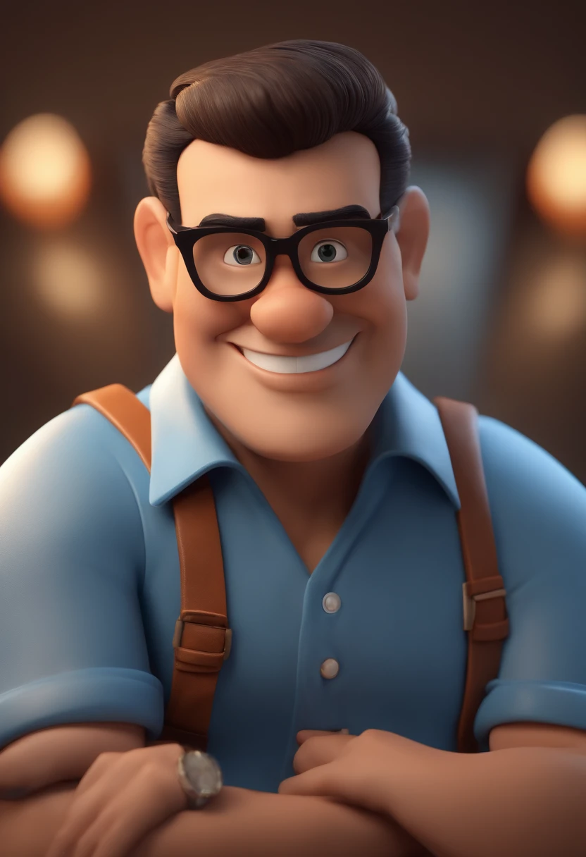 Cartoon character of a man with black glasses and a blue shirt, Head shaving, brinco orelha esquerda, 40 anos,animation character, Caractere estilizado, animation style rendering, 3D estilizado, Arnold Maya render, 3 d render stylized, toon render keyshot, Personagem 3D, Personagem 3D, 3d rendering stylized, 3 d character render, personagem de desenho animado, Personagem de close up, Pose de personagem,  (Estilo Pixar) (master part:1.2) (Bokeh) (best quality) (pele detalhada) (textura detalhada) (8k) (argila) (Cinematic lighting) (foco nítido