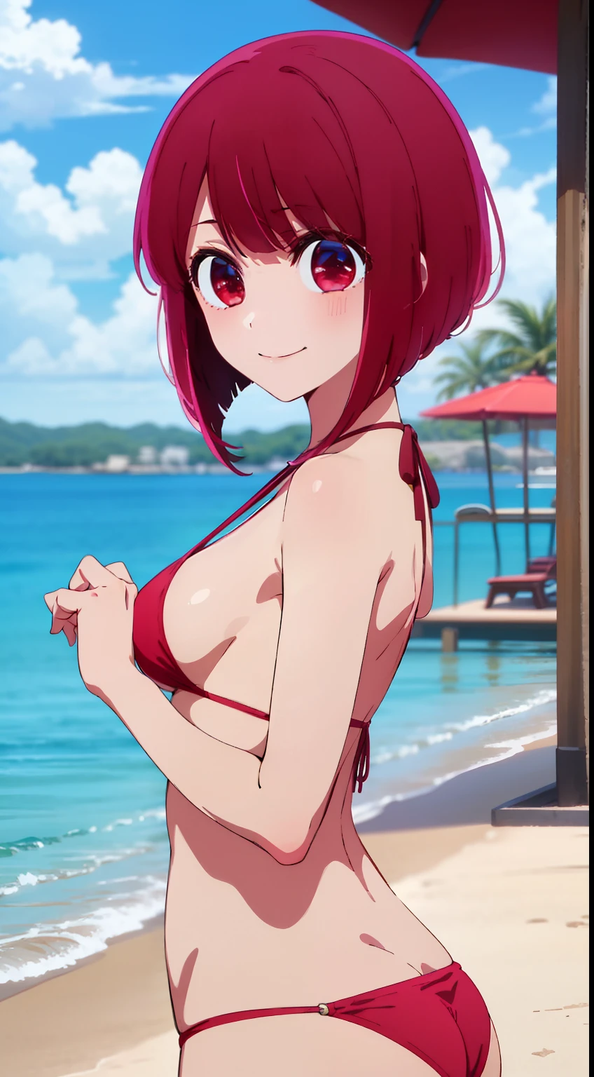 masterpiece、ighly detailed、(1 girl in:1.2)、Red hair、Learn uniforms、big eye、a closeup、A smile、8K、short-hair、(((anime styled)))、Shining eyes, bikini, small boobs, beach, wind