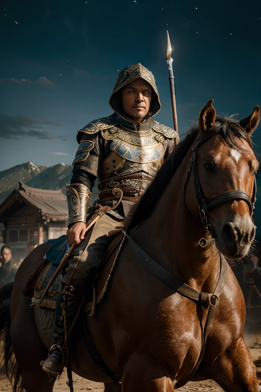 Create breathtaking masterpieces with amazing effects mongolian king sitting on his horse,in the middle of a battlefield, during the night time, cinematic light, hyper realism, hdr, hoods,And face covered with mongolian black armour, armed with a spear weapon
