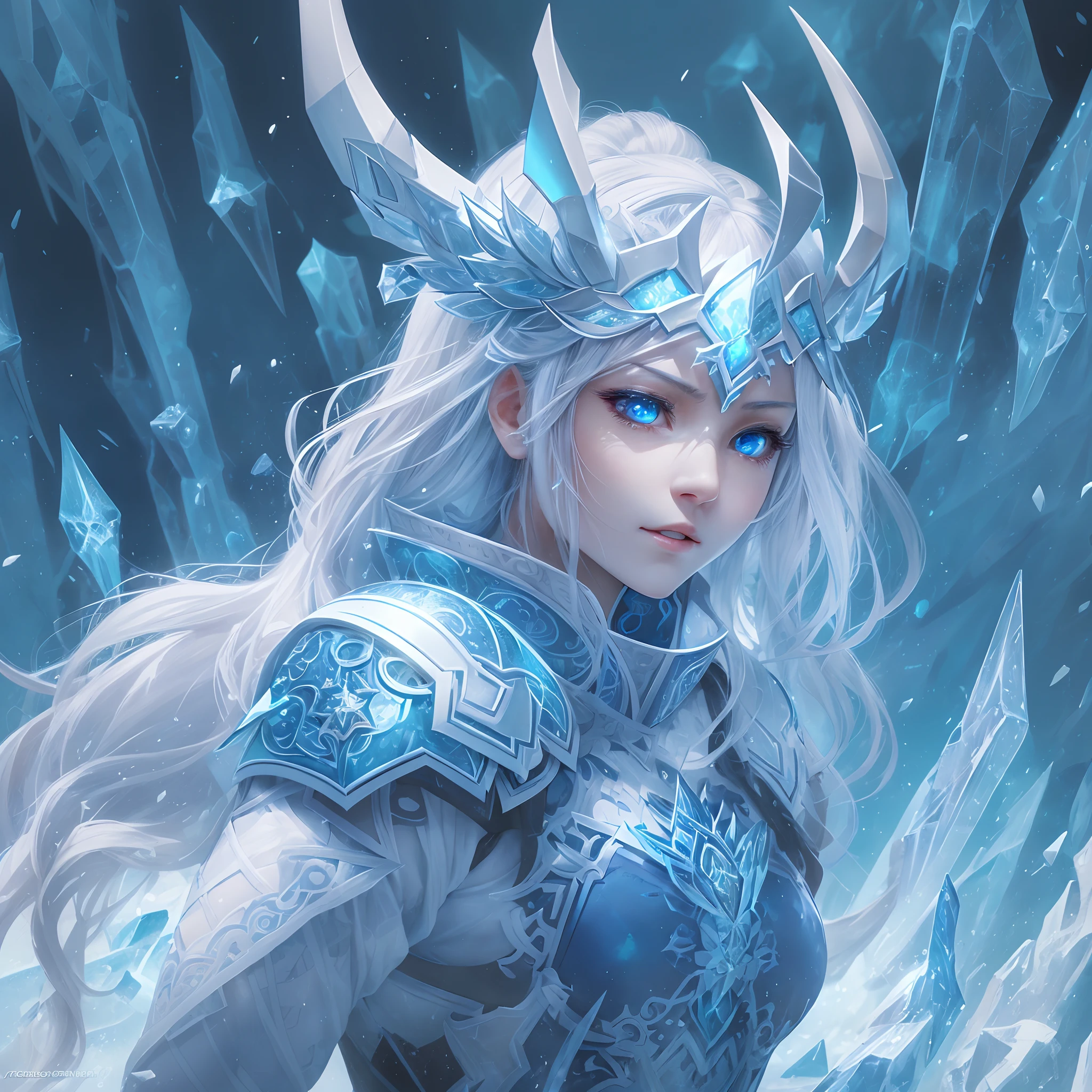 In this high-precision sketch mixes comic book style illustrations,We see a unique character - a girl covered in blue ice crystals。She wears white armor,Appears mighty and mysterious。She has two ice crystal horns on top of her head,One of them is broken,Shows the battles she's been through。One of her eyes was covered by a silver cloth,It's as if there's some secret hidden。She injured her shoulder,Bandaged,The edges of the bandage reveal broken ice crystals,These are the traces of her battles。The design of this character is full of power and mystery,At the same time, it also showed her tenacity and courage。Every detail of her fills us with curiosity about her story