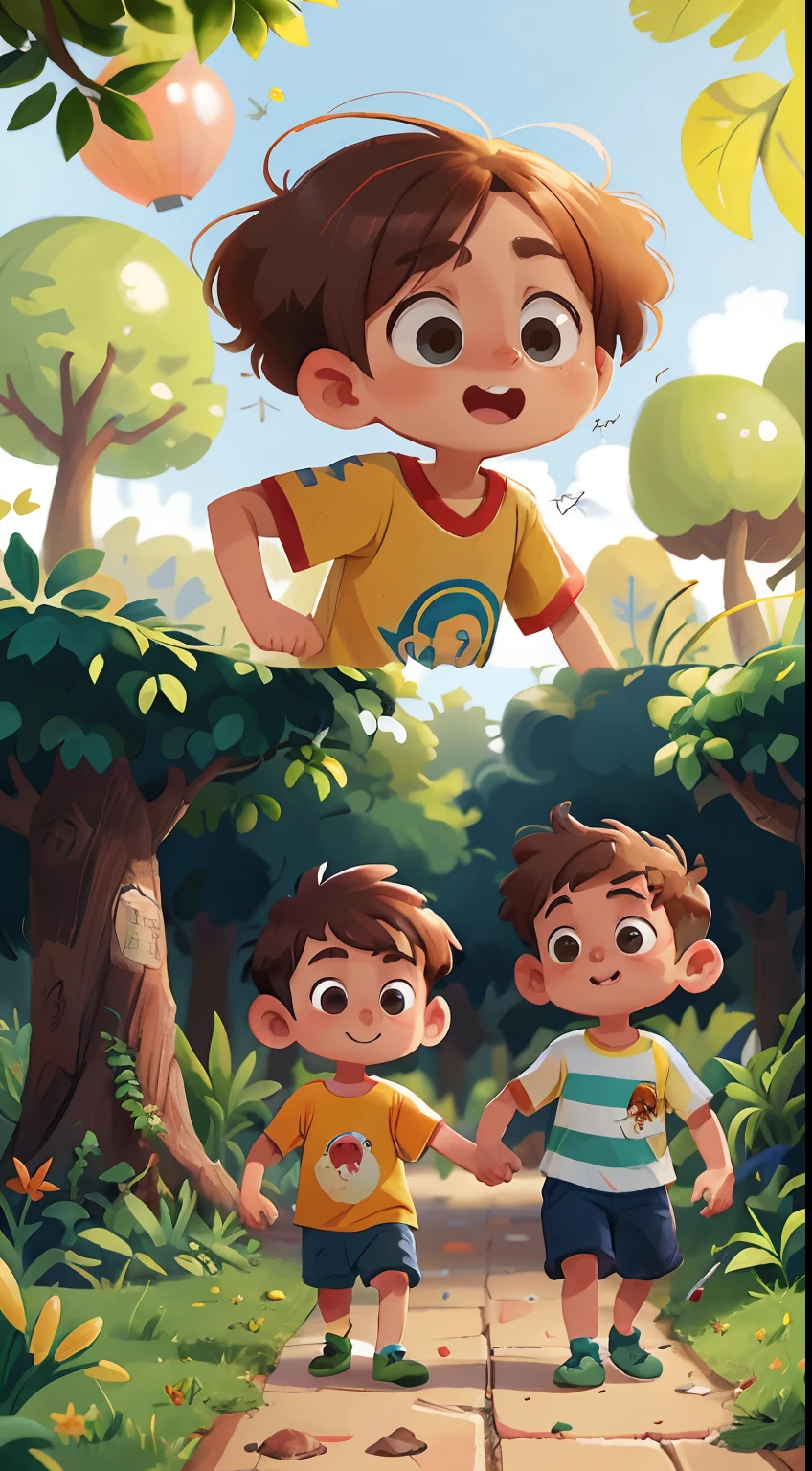 Two boys strolling in the park holding hands. O meis velho possui 7 anos, cabelos castanhos, olhos grandes e castanhos e veste camiseta azul marinho e shorts listrado verde e branco. O mais novo tem 4 anos, cabelos com cachinhos castanhos, Big eyes and funny face. Ao lado uma cachorrinha pequena, yorkshire que quer brincar com eles. many balloons, feliz, feliz, qualidade perfeita, foco claro (desordem - casa: 0.8), (obra-prima: 1.2) (realista: 1.2) (bokeh) (melhor qualidade) (pele detalhada: 1.3) (detalhes complexos) (8K) (olhos de detalhe) (foco nítido), (feliz) corpo inteiro, two children, fundo limpo, long-vision composition, 85MM SHOT