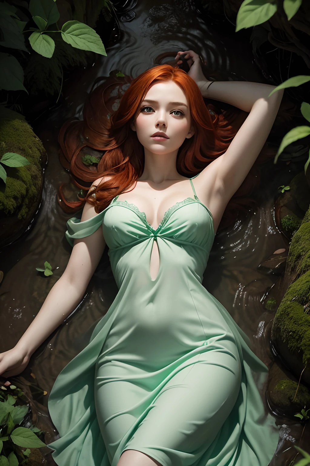 Gentle girl, Subtle features, Morbid Beauty, Thinned figure, redhead hair, lies in a forest stream, overhead view, necrophilia, Mint, Green colors, Cold gamma