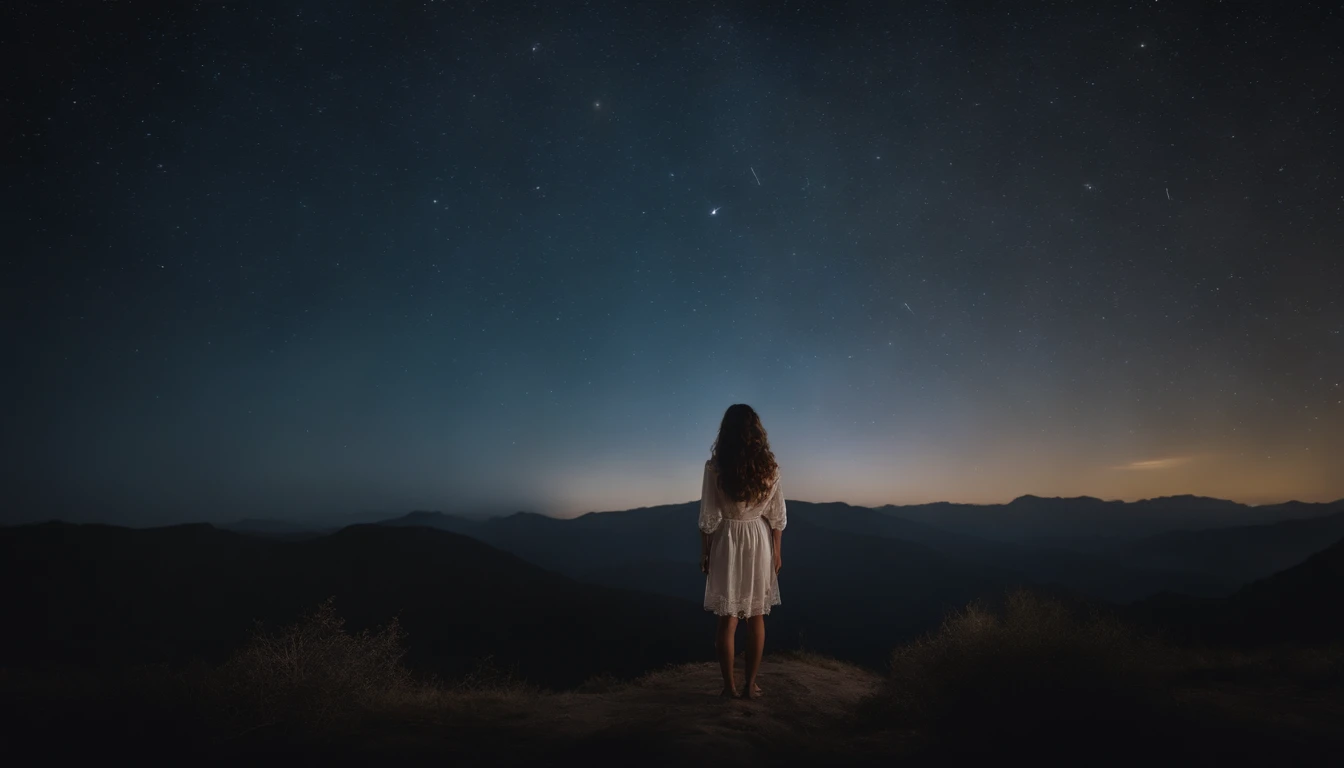 cielo cercano、Estrellas、4K,The girl looking at the night sky is small and upside down、