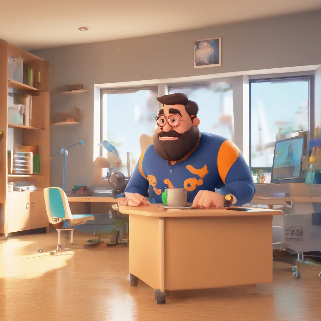 Crie um cartaz inspirado na Disney Pixar com o personagem sendo Um homem de cabelos escuros, calvo, barba branca, wearing goggles, in an office