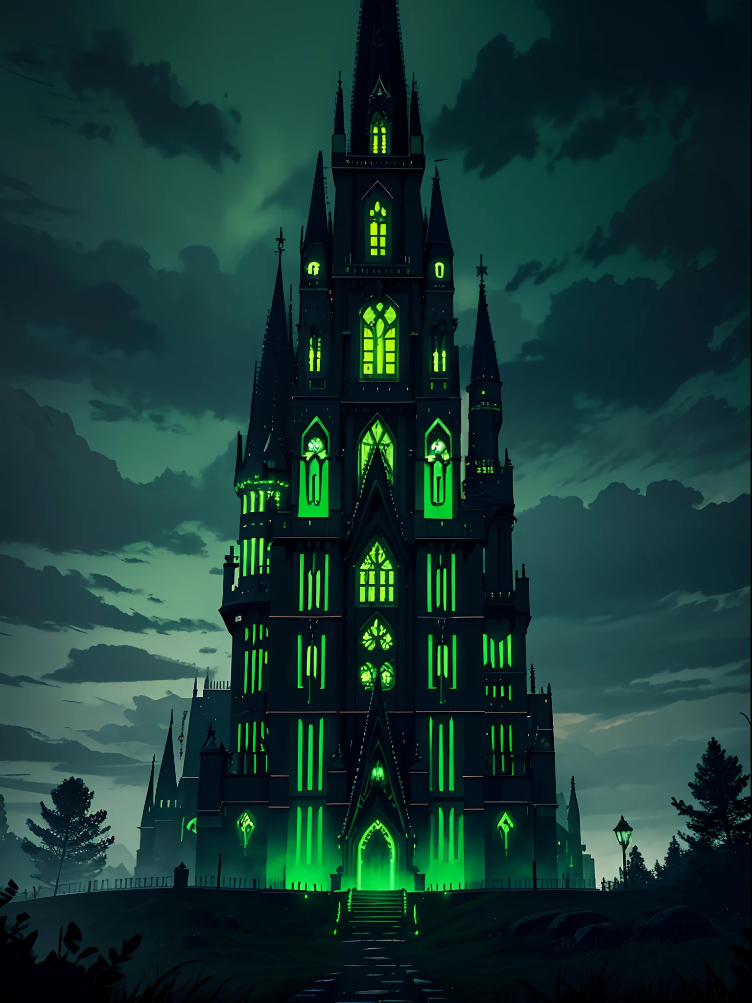 dark castle with green lights, green and black color palette, gloomy and dark style, green demonic lights, outside look