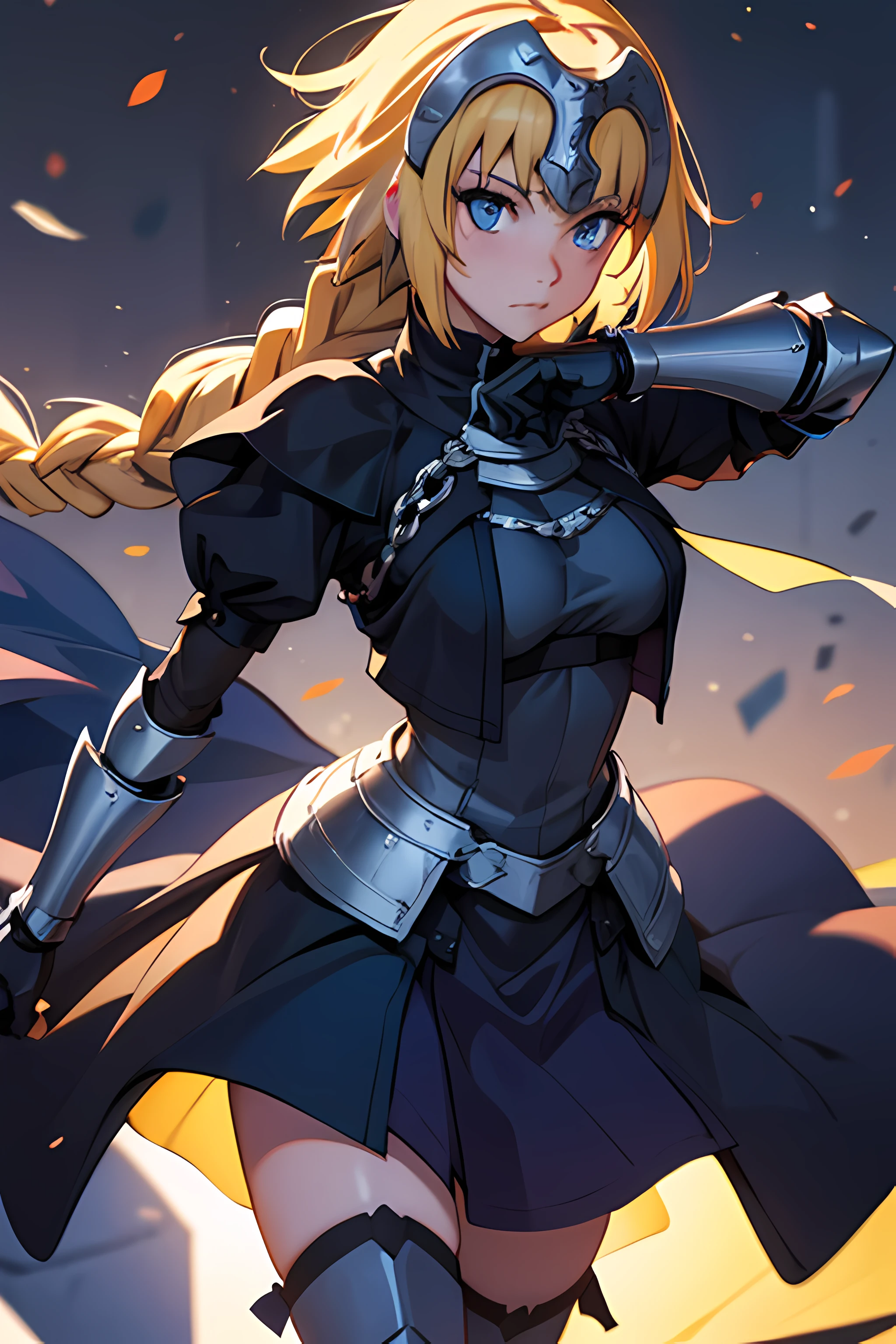 1girl, solo, (masterpiece), best quality, expressive eyes, perfect face, jeannedarc, jeanne darc, blonde hair, blue eyes, long hair, armor, armored boots, armored dress, black gloves, black thighhighs, braid, dress, gauntlets, safety face, gloves, headpiece, blue dress, single braid, thighhighs,  character sheet, portrait, looking at viewer