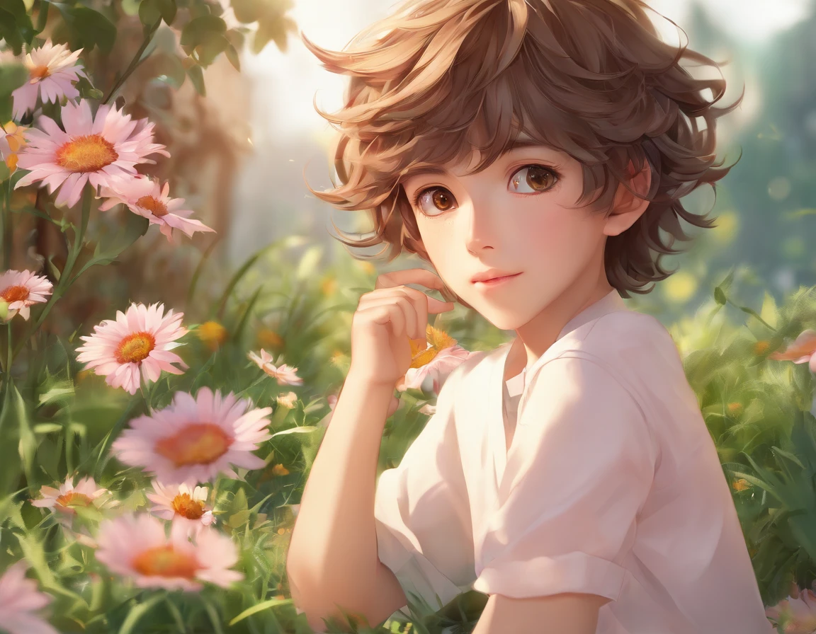 (best quality,4k,8k,highres,masterpiece:1.2),ultra-detailed,(realistic,photorealistic,photo-realistic:1.37),a boy with medium length hair,beautiful detailed eyes,beautiful detailed lips,16-year-old boy,(straight,curly:0.9) hair,face with (slender,thin:0.9) features,wearing earrings,a mix of (smooth,straight:0.9,curly:0.9) hair texture,medium-length hair falling gracefully on the sides,slightly tousled,(vivid,colorful:0.9) hair color,a garden scene with vibrant flowers blooming,soft sunlight creating a warm ambiance,shadows delicately cast on the ground,green grass beneath the boy's feet,a gentle breeze rustling the leaves,a serene atmosphere,(oil painting,watercolor:0.9) style,impressionistic brushstrokes,expressive and lively colors,subtle texture and blending,an ethereal feel to the painting,pastel hues adding a dreamy touch,colored palette enriching the overall composition.