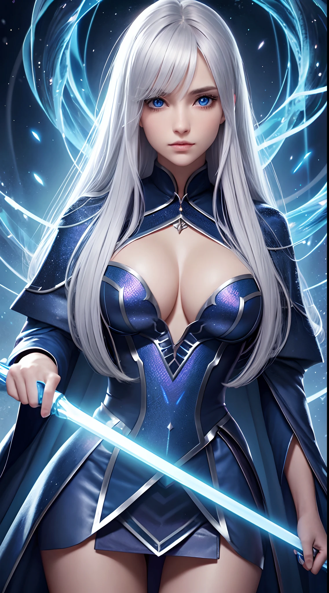Hogwarts student girl, dark blue eyes, Ultra detailed beautiful woman, voluminous breasts, of a 27-year-old woman, Stunningly beautiful, silver blonde color hair, straight hairstyle, dark blue color iris of the eyes, very long eyelashes, Stunningly beautiful face, holographic, ultra detailed illustration, hit definition, Very bold and bright colors, 32K resolution, blue wizard robe, Best Quality, voluminous lighting, masterpiece, ultra realistic , High-quality detailing