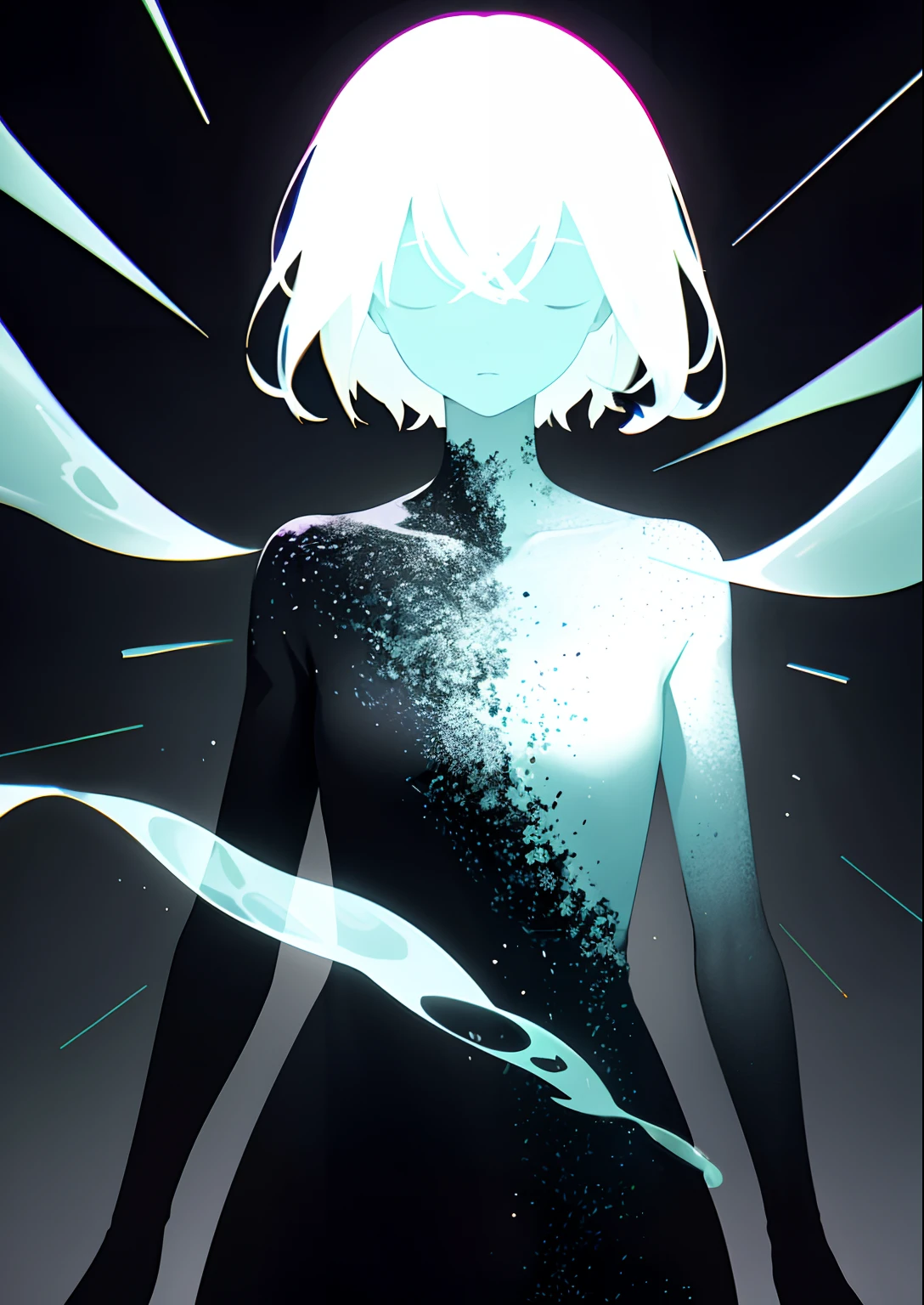 transparent body, faceless, ethereal, glitch art, blocky colors, female, ghost, transparency