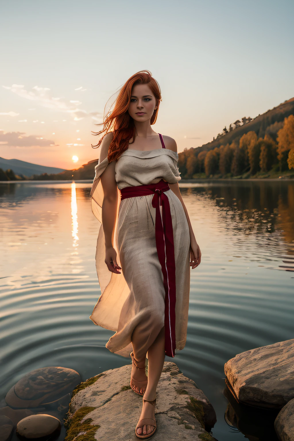 Portrait of an 18-year-old redhead, slim figure, small hips, dressed in an antique ecru linen toga, in a lake, hands in hair, seduction, loving gaze, on a rock overlooking a lake, setting sun, cinematic rendering, 32K, RAW