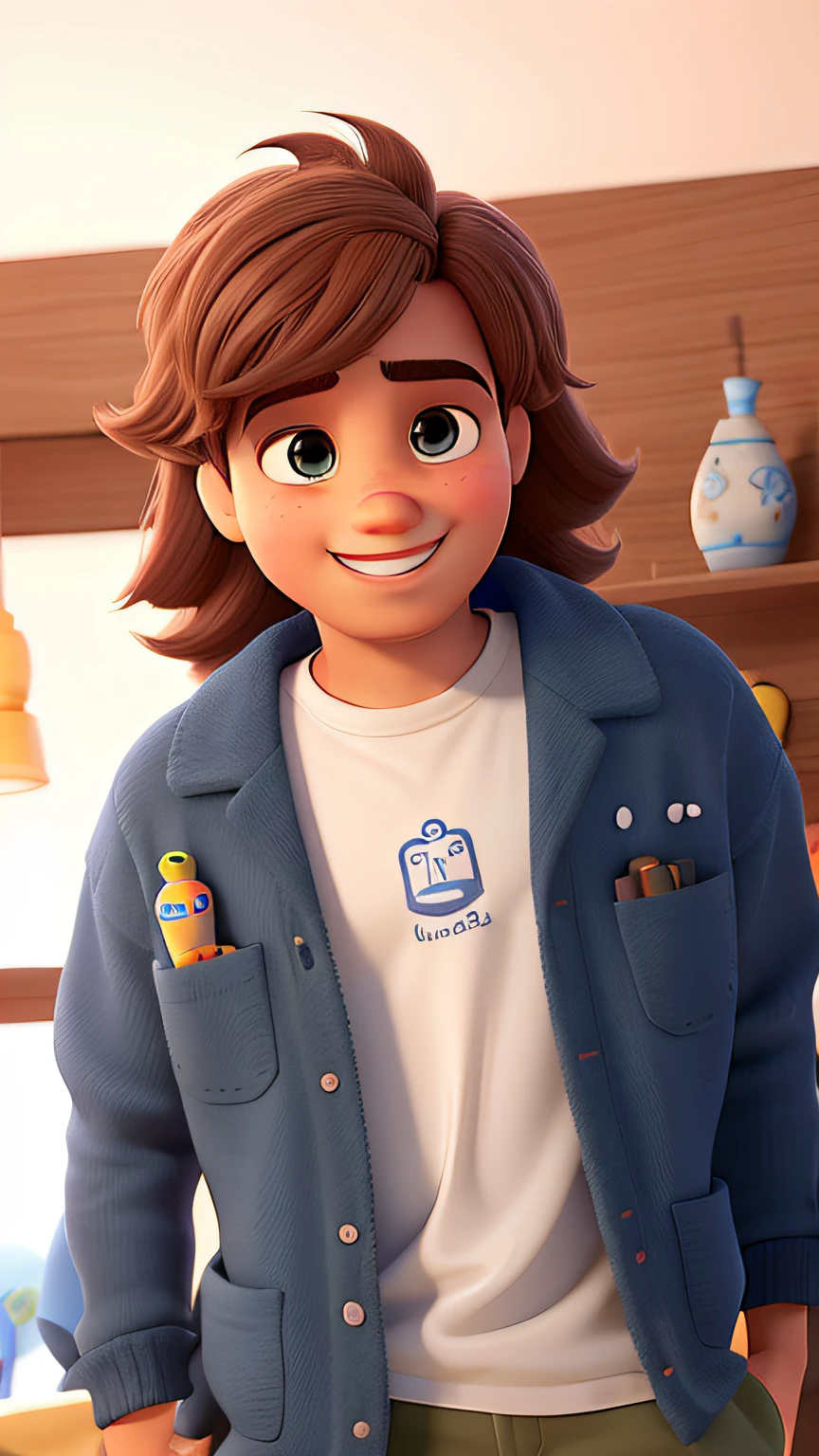 menino olhos castanhos claros, boca fechada, estilo pixar, 4D