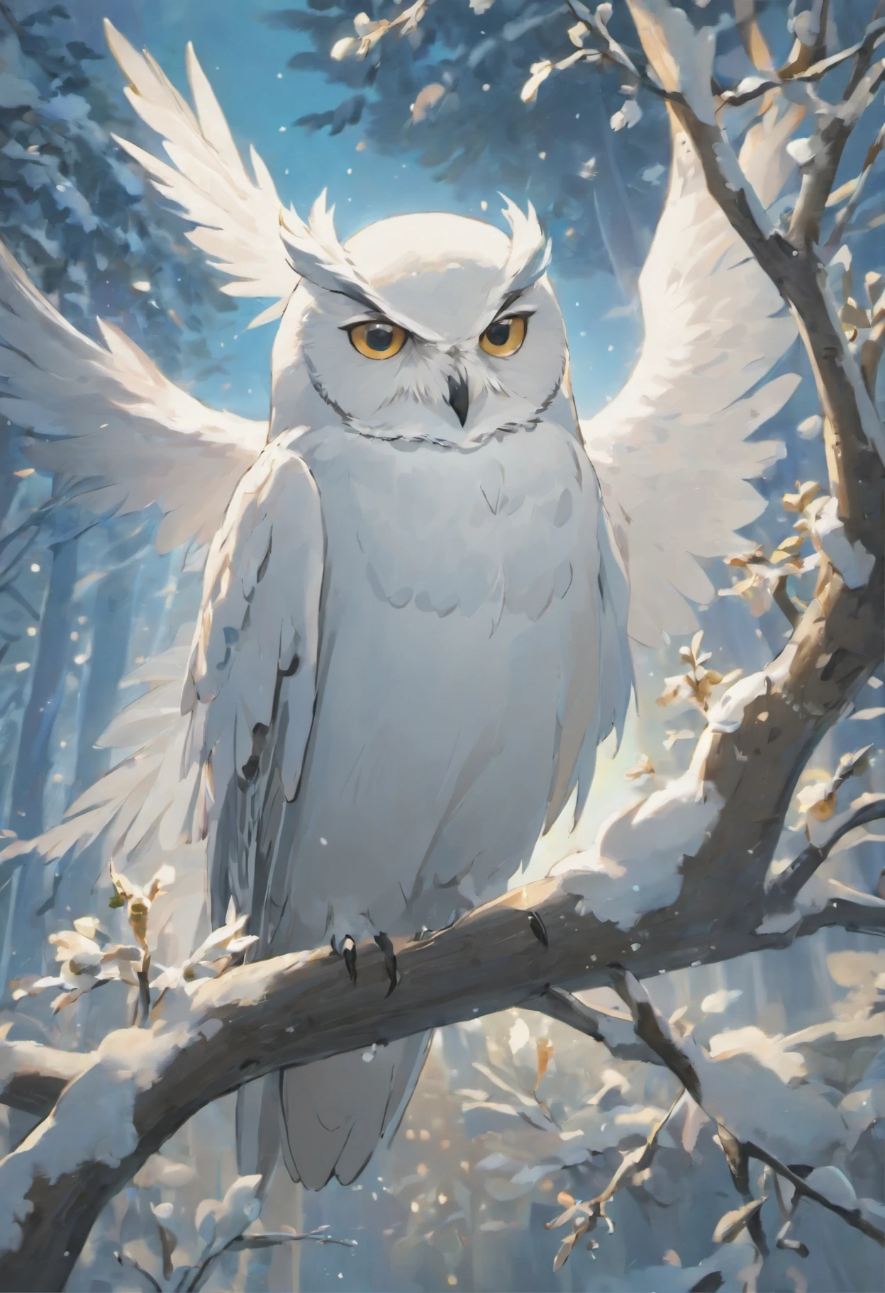 n snow owl , beauty and cute,Best Quality,4K,8K,hight resolution,masutepiece:1.2),Ultra-detailed,(Realistic,Photorealistic,Photorealsitic:1.37),season for autumn,In the forest of autumn leaves,White owl flying in the sky,Beautiful detailed eyes,beautiful detailed plumage,Sleek and elegant appearance,Sharp Focus,Blue-white color palette,Soft natural lighting,Impressive contrast between owls and surroundings,Subtle details of the owl's beak and claws,feathery texture,Quiet silence and serenity,Ethereal and magical atmosphere,Sensation of subtle movements in the posture of an owl,Impeccable execution of owl feathers,Subtle shadows and highlights of owl feathers,Signs of moonlight peeking through the branches,Peaceful and serene atmosphere