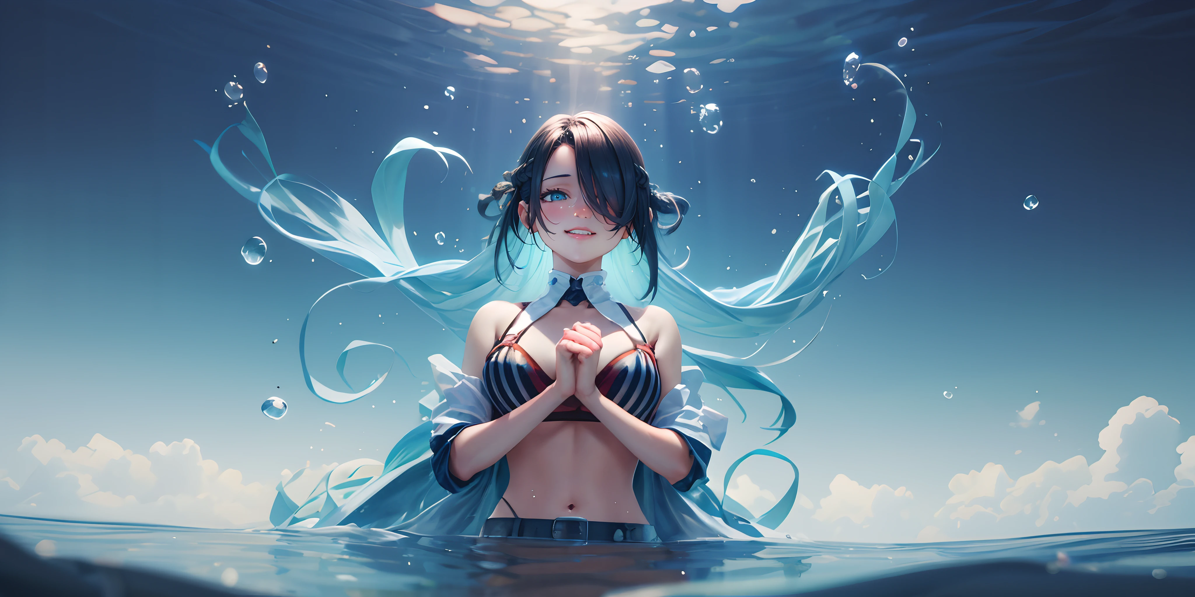 1girl,  black hair, long hair, hair over one eyes, ribbon, floating hair, bra, navel, bare_shoulders, looking_at_viewer, collarbone, jewelry, water, breasts, floating_hair, outdoors, "Photorealistic, Hyperrealistic, Hyperdetailed, analog style, soft lighting, subsurface scattering, realistic, heavy shadow, masterpiece, best quality, ultra realistic, 8k, golden ratio, Intricate, High Detail, film photography, soft focus", sweating, steaming body, fog, (3d, realistic:1.4)