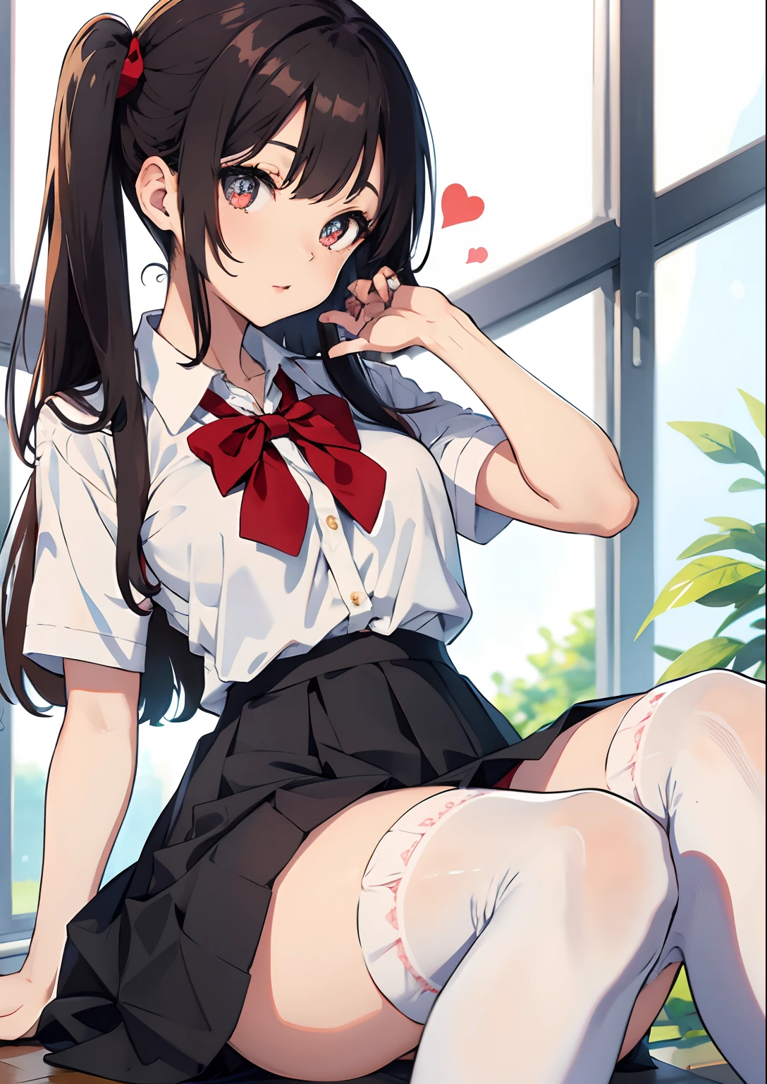 heart-shaped pupils,Cute girls,medium boob,Solo,brunette color hair,long whitr hair,Be red in the face,Long skirt in white school uniform,black over-the-knee socks