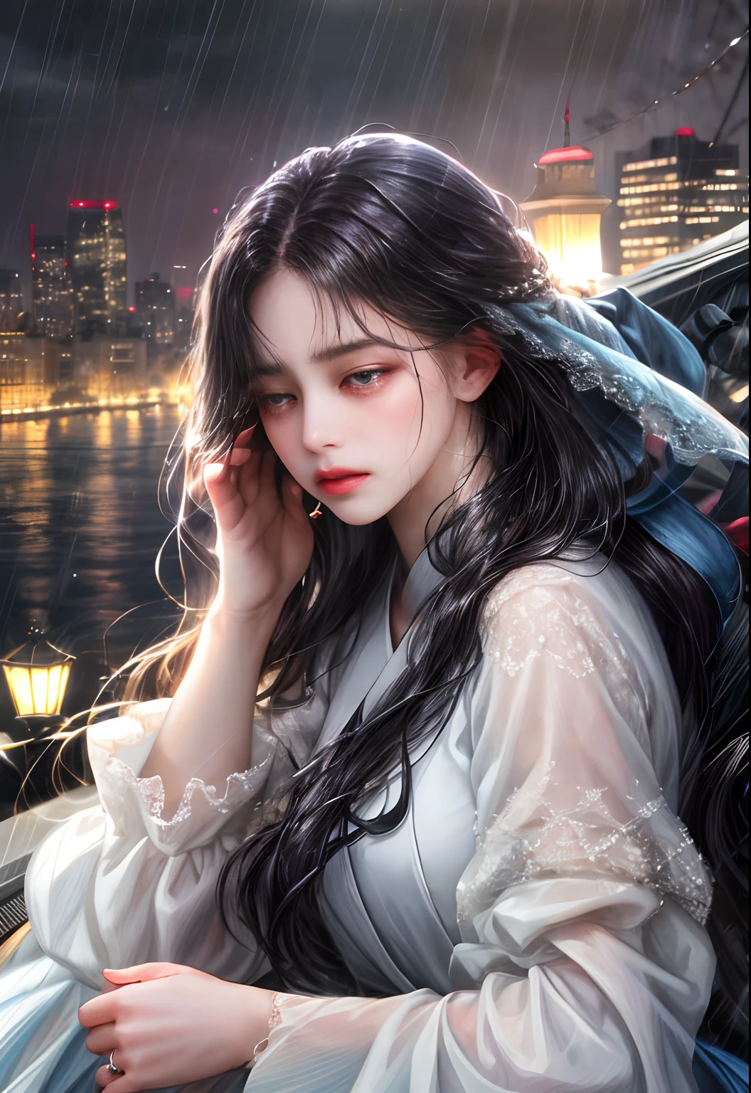 (absurd, highres, ultra detailed), 1girl, solo, mature, (very long hair, black hair, bangs: 1.4), long dress, long sleeves, colorful, highest detail, upper body, 21st century, girl of today, scenery city of korea, at night, night scenery, with many buildings and lights, she crying in the rain, really sad, her expression on her face is very painful,  Completely black hair with tears down her cheeks, expression on her face really painful, very sad eyes