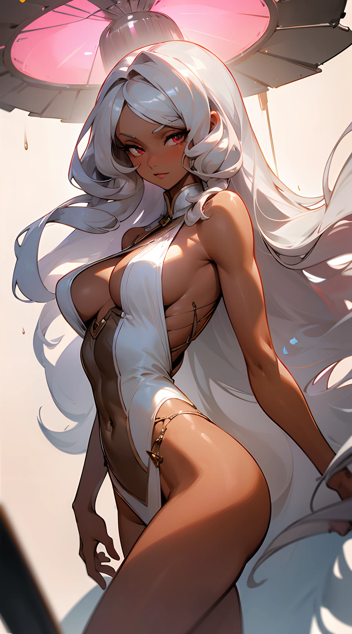 Beautiful woman, extremely long hair , ((silver hair:1.3)) , wavy hair, ((very large :1)) , full lips , pink iris , fit body , ((brown skin:1.3)), ((dark skin:1)), has striking long, white hair that flows down to her mid-back, strong and determined facial structure, light pink eyes , eyebrows are thin and arched, powerful and athletic build, She is notably tall and statuesque, well-defined muscles, age 33,

Inside of a giant martini glass , wet , pin up , reflection , happy expression, stylized,  

(masterpiece, best quality )detailed, 1Character ,  pastel washed out colors , cell shade , soft, muted shades ,gentle colors ,