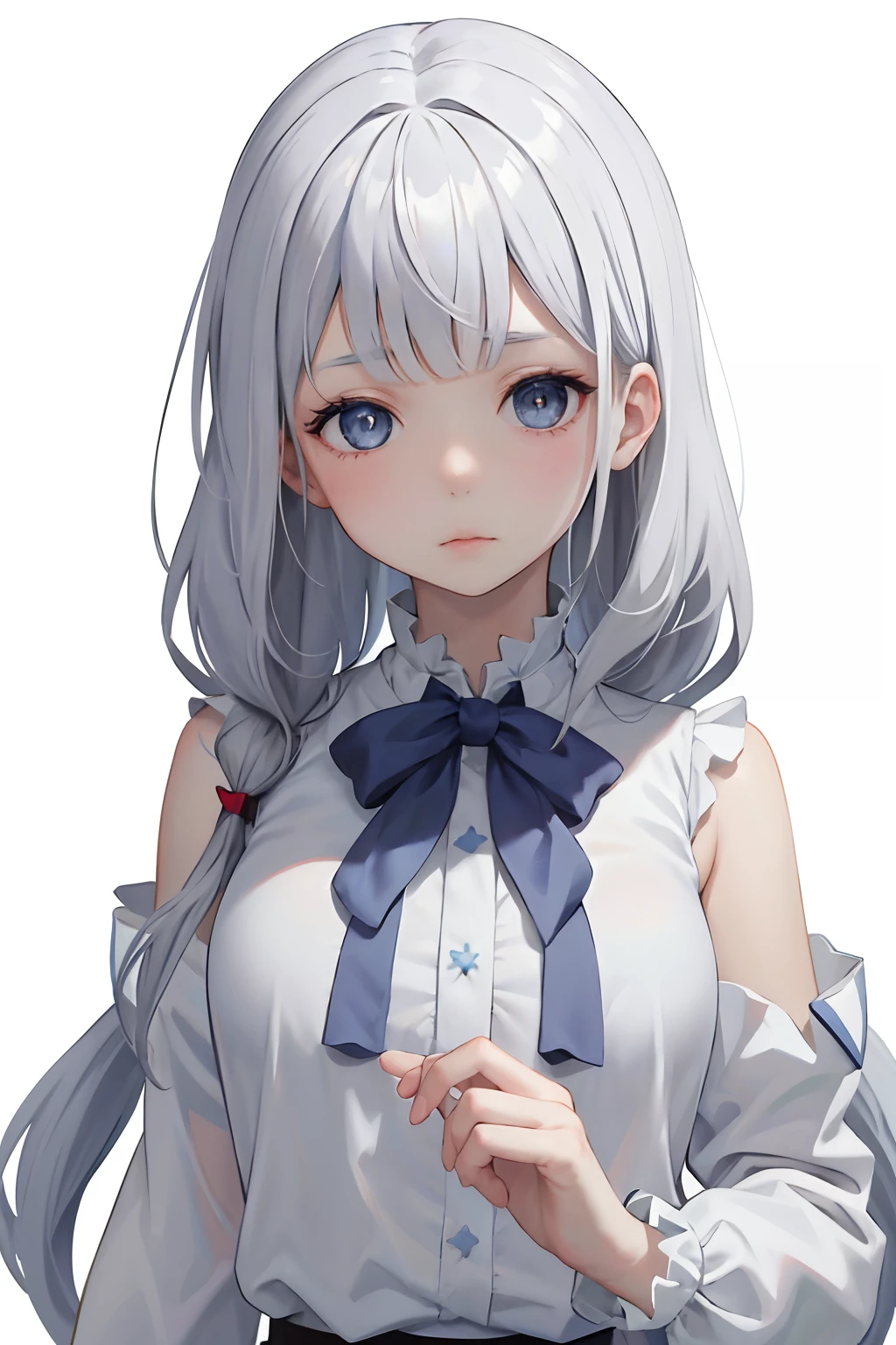 POV, ((masterpiece, best quality)), upper body, 1girl, solo, (white background:1.3), (simple background:1.3), long hair, gray hair, *//*, blue eye, *//*, white blouse, looking at viewer,