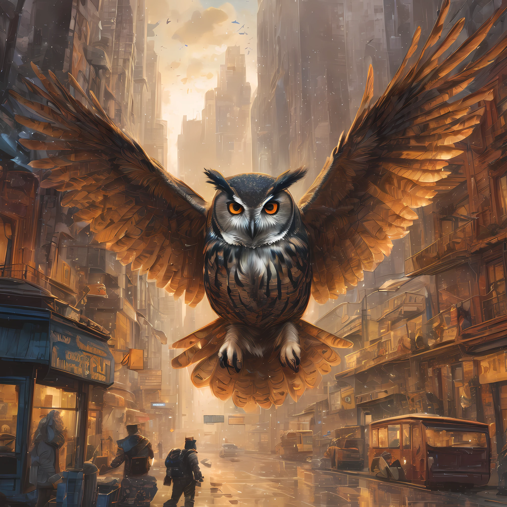 Delve into the realm of imagination and heroism with this captivating prompt for an artistic illustration of an imaginative owl, making a creative entrance as the superhero Owlman, with references to a tiny world in need of protection. The composition captures the owl's majestic presence, with its wings outstretched and eyes gleaming with determination. The tiny world below, teeming with miniature cities and its inhabitants, is in desperate need of the owl's protection. The use of vibrant colors, dynamic poses, and detailed textures brings this fantastical scene to life, inspiring awe and admiration for the heroism of the feathered vigilante. Illustrated by renowned comic book artist Jim Lee