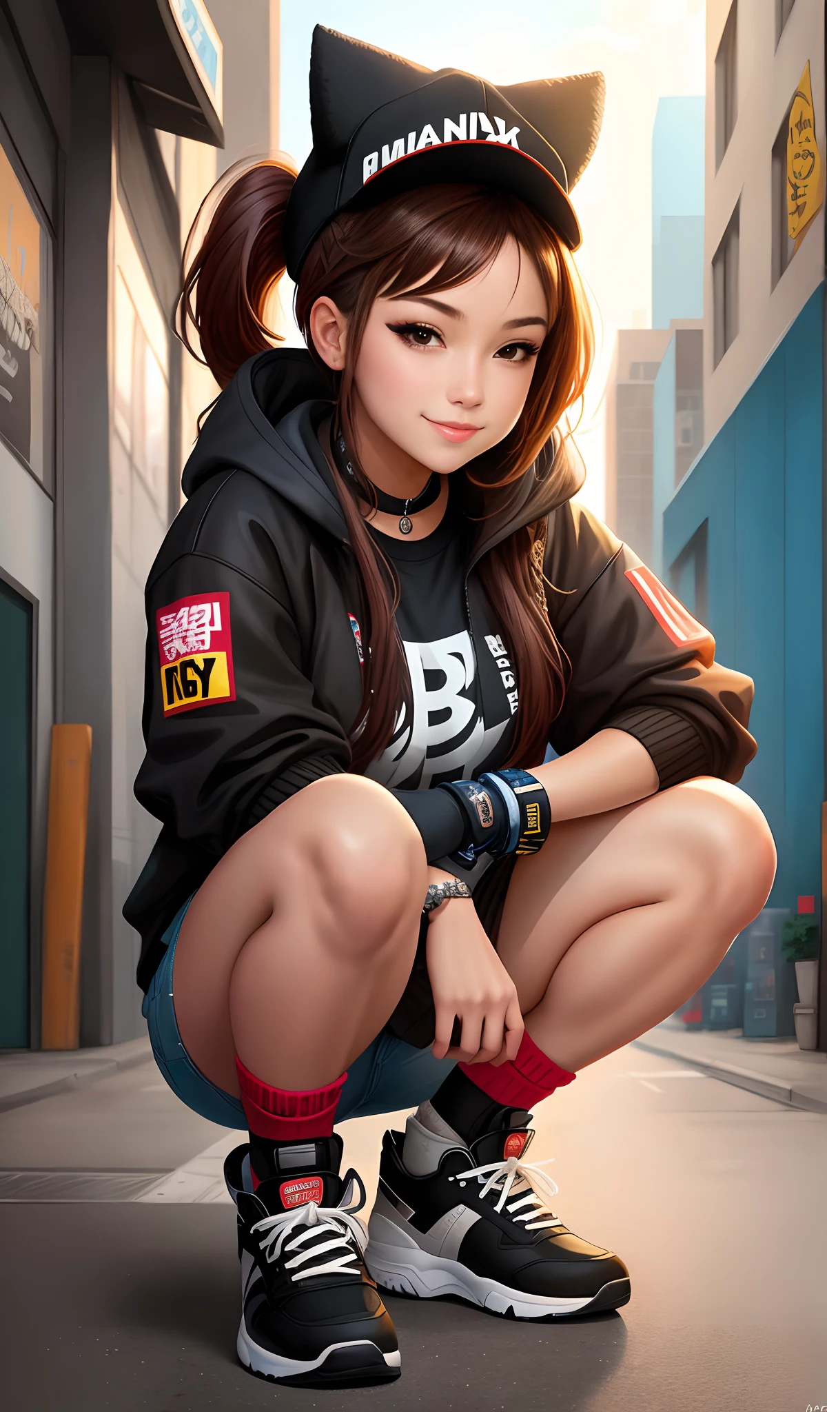 A close up of a person crouching, pose, smiling at the camera, beautiful digital art, 4K anime style, hip hop style, inspired urban hip-hop, Ross Tran style, urban girl fanart, 8k high quality detailed art, anime style . 8k, anime style, woman in streetwear, perfect brown haired girl, artgerm style, stunning art style