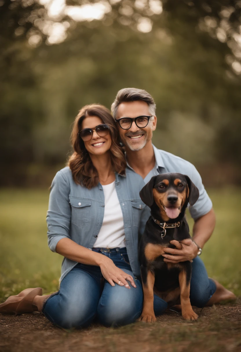 Pixar. Casal com um filhote de cachorro beagle marrom. A menina tem os cabelos loiros amarrados, Camiseta cinza e jeans claro, white glasses. O menino de cabelos pretos com cabelos grisalhos, barba pequena, oculos, Dark blue jeans and gray t-shirt. They are both smiling and are 40 years old