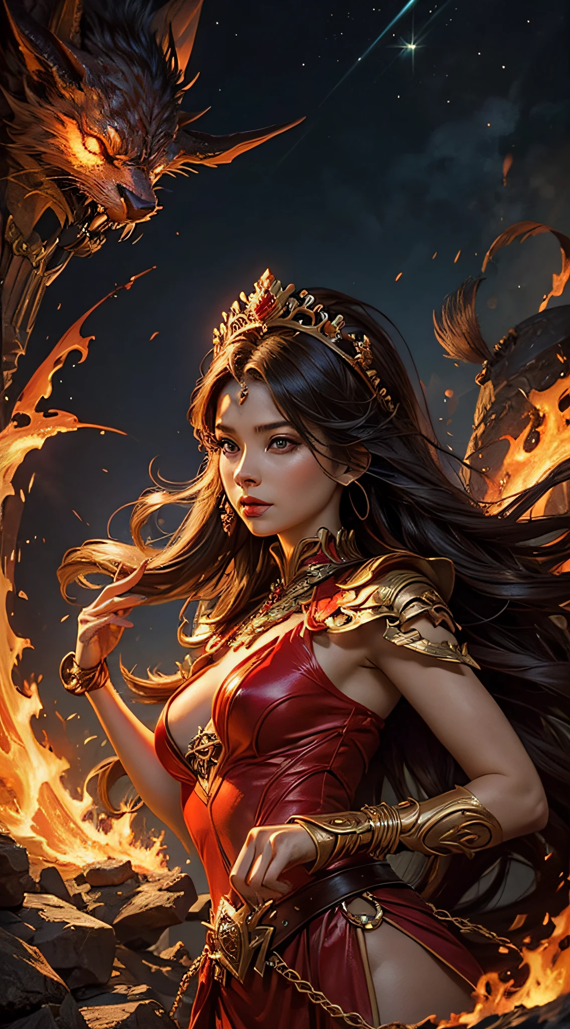 Queen of wands, female, fireful sexy adventures goddes, ready for challenges. Red spiritual energy arround her.