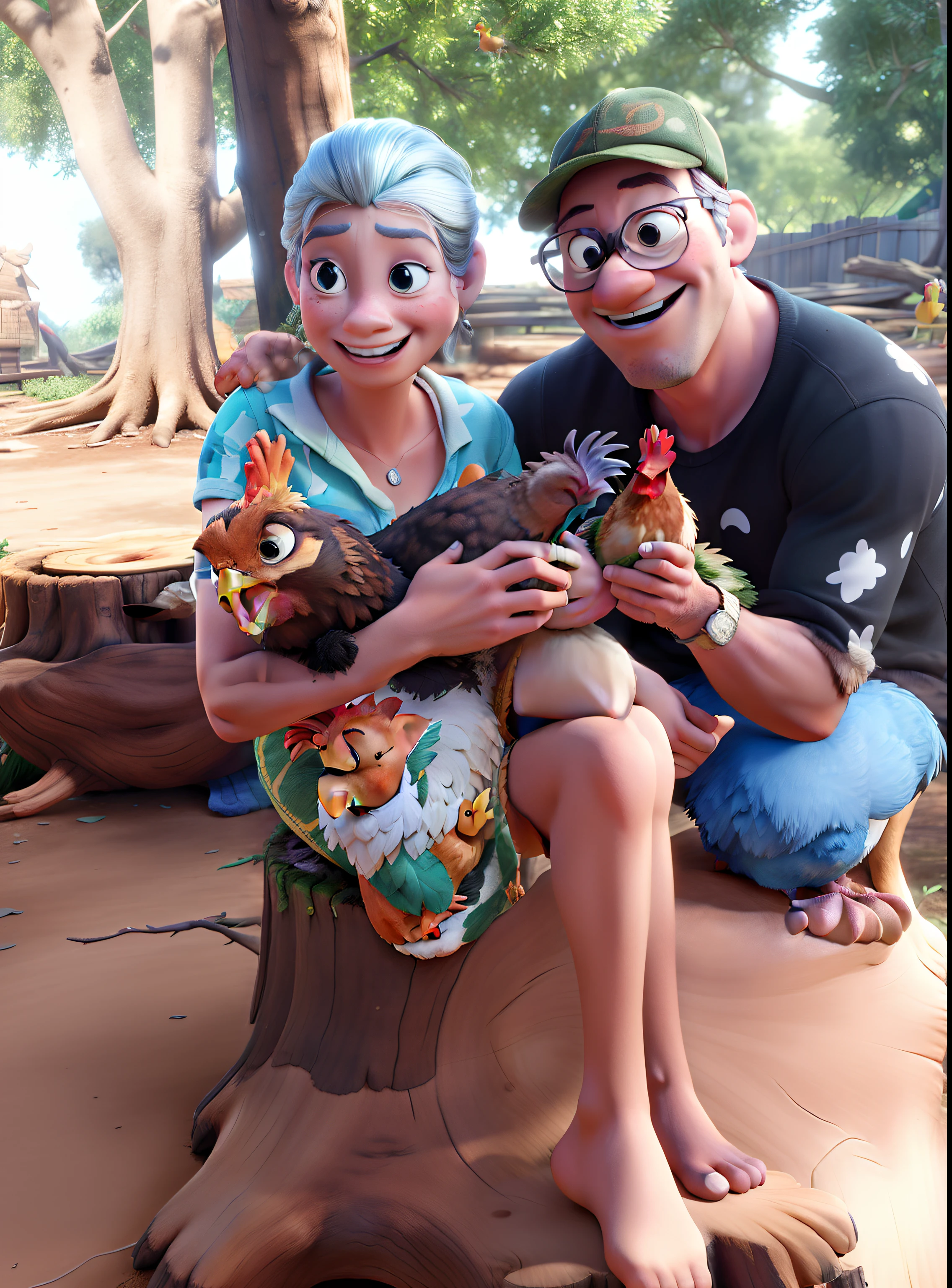 They're sitting on a tree stump with a chicken in their hands, Pixar Disney 3D