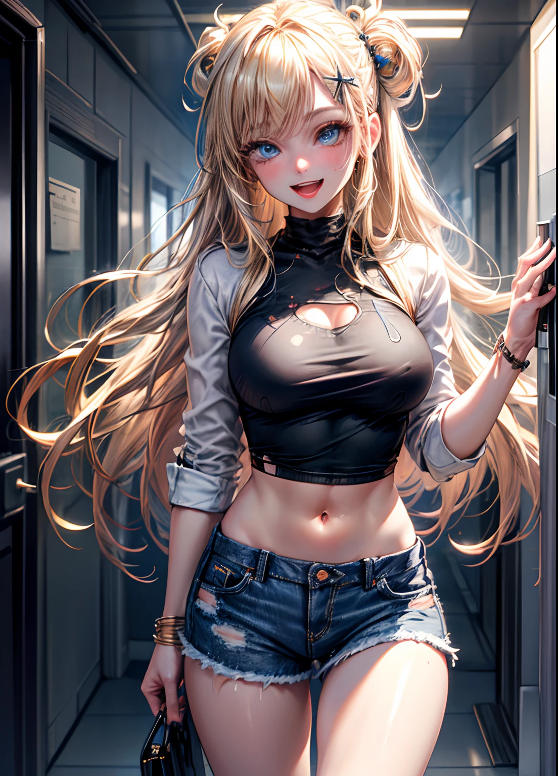 best quality,ultra-detailed,high resolution,extremely detailed cg,anime picture,unity 8k wallpaper,
blond hair,blue eyes,long hair,ripped shorts,white shirt,purse,navel,looking at viewer,hair ornament,smile,pov doorway,open mouth,denim,x hair ornament,cyberpunk,