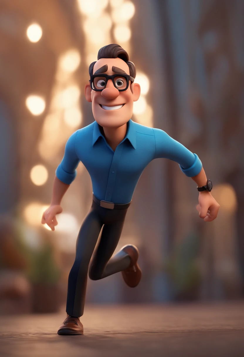 Cartoon character of a man wearing black glasses and a blue shirt, um personagem animado, Caractere estilizado, animation style rendering, 3D estilizado, Arnold Maya render, 3 d render stylized, toon render keyshot, Personagem 3D, Personagem 3D, 3d rendering stylized, 3 d character render, personagem de desenho animado, Personagem de close up, Pose de personagem, (Estilo Pixar) (master part:1.2) (Bokeh) (best quality) (pele detalhada) (textura detalhada) (8k) (argila) (Cinematic lighting) (foco nítido,Senta e vaza a parte superior do corpo