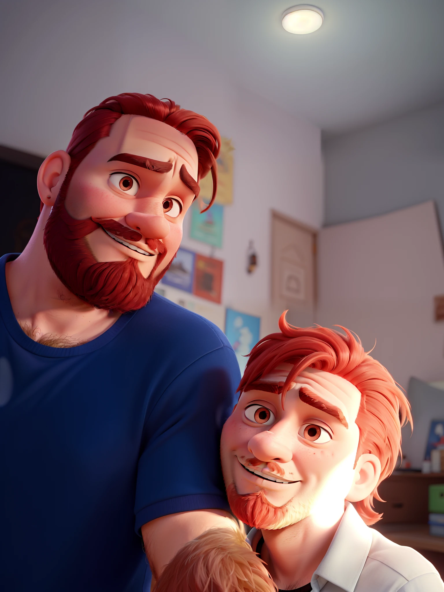 Man with beard paints on top of his left eyebrow and red-haired child, estilo Pixar, boa qualidade, melhor qualidade