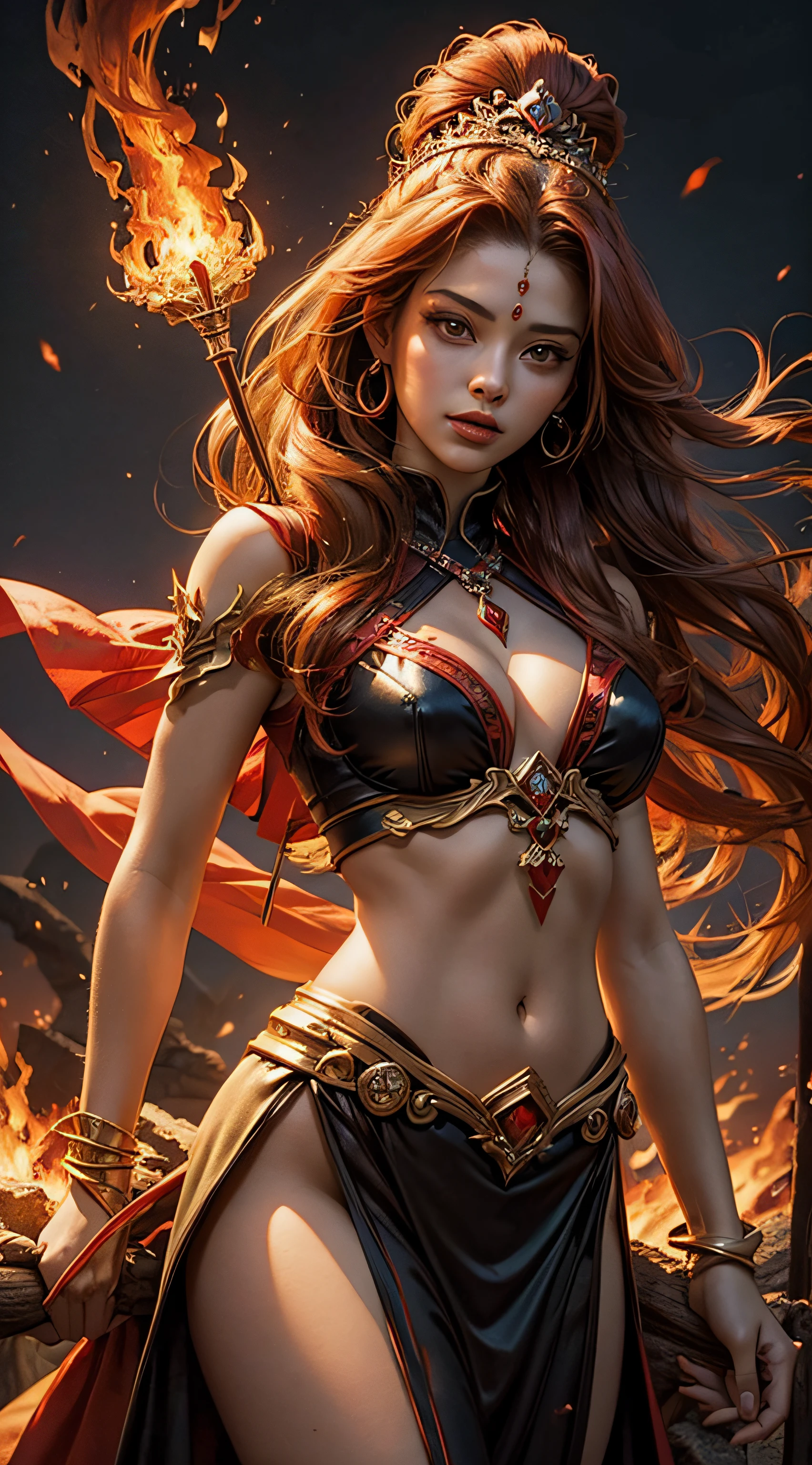 Queen of wands, female, fireful sexy adventures goddes, ready for challenges. Red spiritual energy arround her.