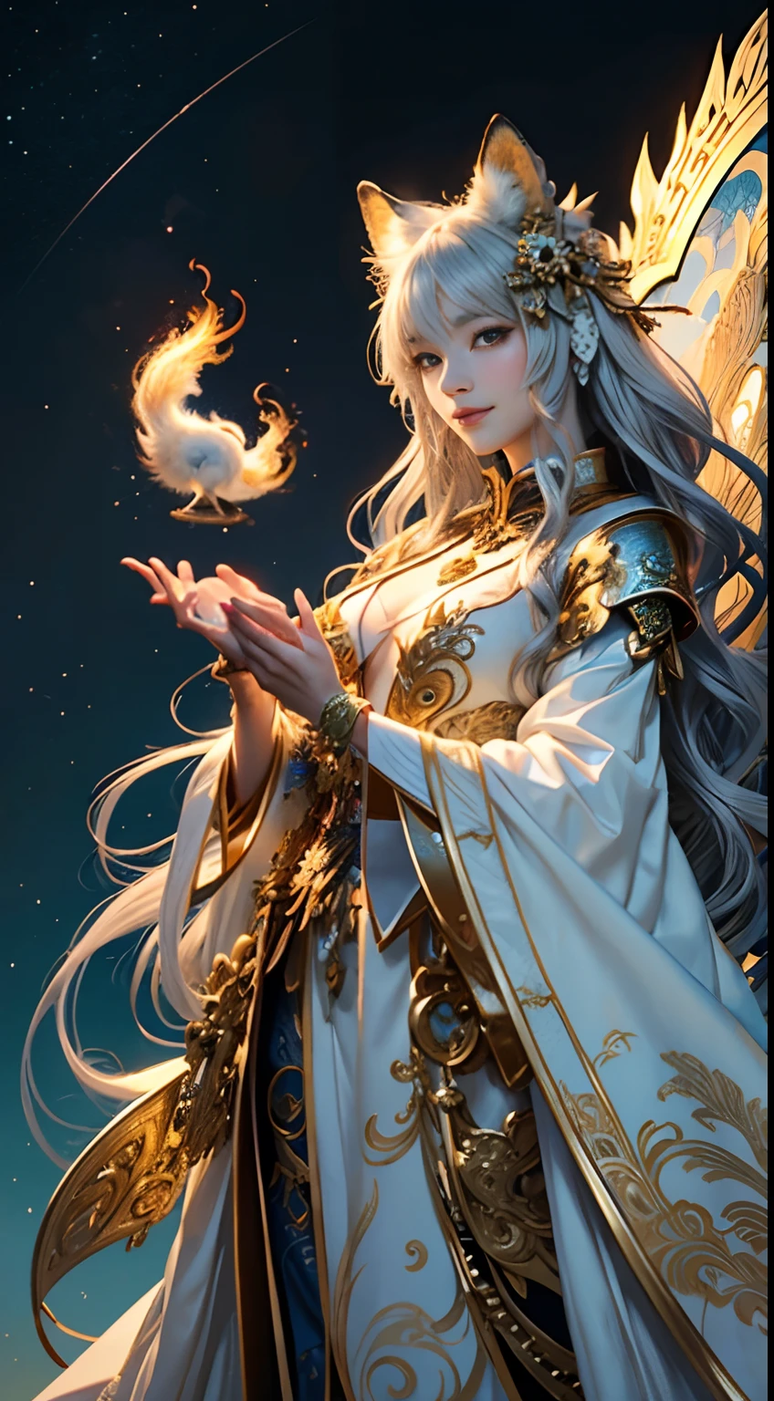 (masterpiece、top-quality、top-quality、Official art、Beautifully Aesthetic:1.2)、(1girl in)、Highly detailed、(Fractal Art:1.3)、colourfull、highest details, (Nine-Tailed Fox), 9 White, Black fox ears, Foxes inspired by Japan's divinity, Transparent clothes of fantastic celestial warriors, Elaborately embellished with gold, Fantasy Japan Background, Soft smile, ultra-sexy, Big breasts, anatomically, Fine wraist with large defined hips, Soft expression, A smile, Silver hair, Wave, Facing the front, Hair is spreading