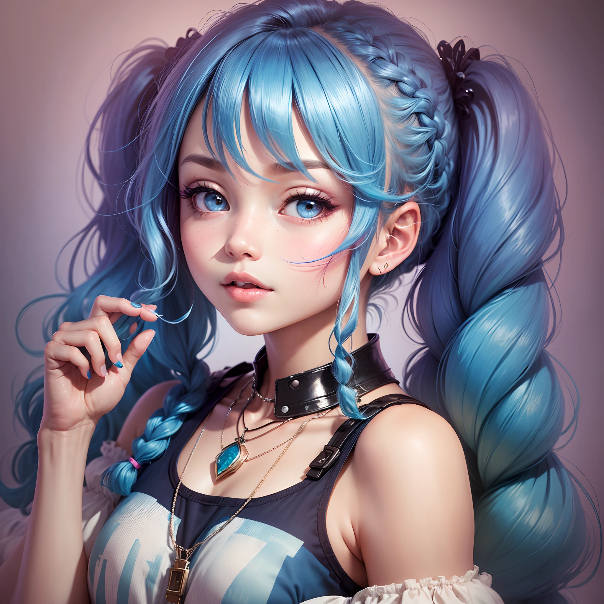 a woman with blue hair wearing a colorful outfit and a colorful background with paint splatters on it, by Hirohiko Araki,official art, unity 8k wallpaper, ultra detailed, beautiful and aesthetic, masterpiece, best quality, (zentangle, mandala, tangle, entangle), 1girl, extremely detailed, dynamic angle, cowboyshot, the most beautiful form of chaos, elegant, a brutalist designed, vivid colours, romanticism, by james jean, roby dwi antono, ross tran, francis bacon, michal mraz, adrian ghenie, petra cortright, gerhard richter, takato yamamoto, ashley wood, atmospheric, ecstasy of musical notes, streaming musical notes visible