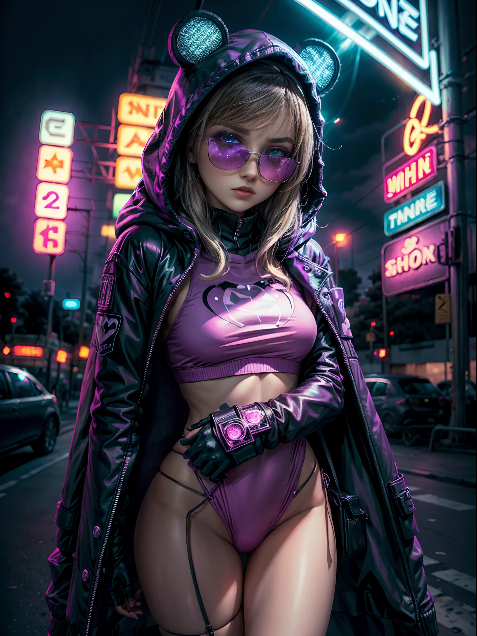 ((Best Quality)), ((Masterpiece)), (Very detailed: 1.3), 3D, NeonNoir, a close up of a beautiful cyberpunk loli (((selena Gomez:Emma Watson:0.7))) (( 27 yrs old)) (holding teddy bear: 1), (wearing sunglasses: 1.2), (diamond-shaped pupils: 1.2), heart-shaped, wearing a long hooded cape, (wearing a hood: 1.2), purple neon on the monitor, colorful neon signs on the wall, street lights, (white emitting: 1.1), contemptuous eyes, Standing on the street, Sony Master lens,