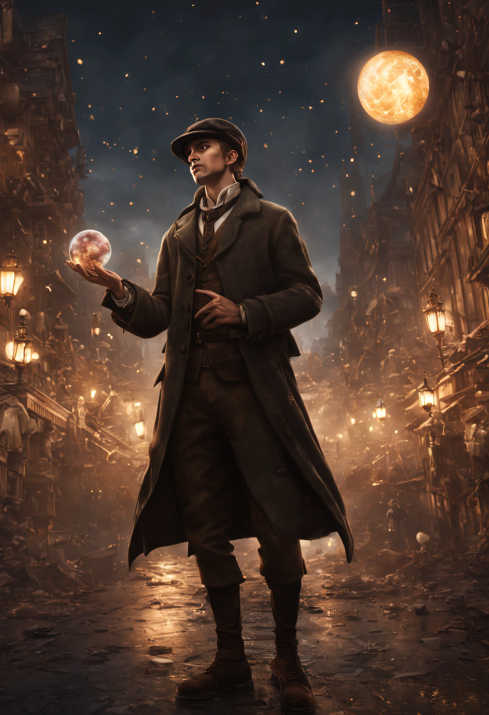 ((summoning meteors)), ((falling meteors on a city)), carnage, mayhem, young wizard holding a mini planet in his hand, wearing flat cap, victorian era fashion, wide angle shot, full body, detailed, perfect face, detailed pupils, perfect anatomy, sharp focus, insanely detailed, realistic, detailed, sharp, fine and precise, delicate lines, complex cinematography, sharp focus, dynamic posture, highly detailed, high quality, detailed face, detailed eyes, insanely detailed, 32k, studio cinematic lighting, crisp focus, graininess, feeling of passion, ideal body proportions