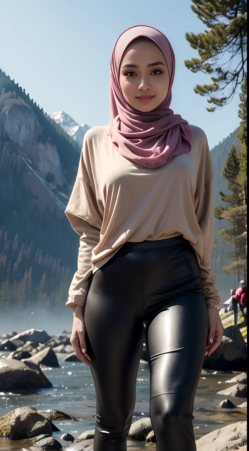 RAW, Best quality, high resolution, masterpiece: 1.3), beautiful Malay woman in hijab (iu:0.8),Best quality, high resolution, Masterpiece: 1.3, Beautiful hijabi malay girl, Masterpiece, Soft smile,Beautiful Malay women wear pastel color hijab, ((In the woods))((Clear stream deep in the dark mountains)),((Rock in the background)), bright sunshine, hiking clothes, pullover, long pants, highres,4k,HDR,1girl, photorealistic, realistic,sweat skin, wet clothes, wet body, big breast, ((full body))soaked, dripping, smiling at viewer, closeup