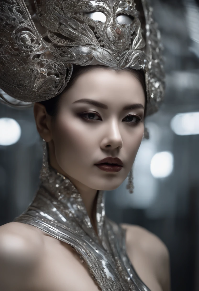 A photograph of female android Japanese mid-twies made of bright white and silver translucent glass and plastic, geisha maquiagem e penteado, mecanismos internos do corpo do metal prateado, dynamic pose, Organic building flowing, Circuito dourado brilhante, acabamento neon colorido, circuitos brilhantes, neon trim, profundidade de foco de campo f/2.8, arte por H.r. Giger, Greg rutowski