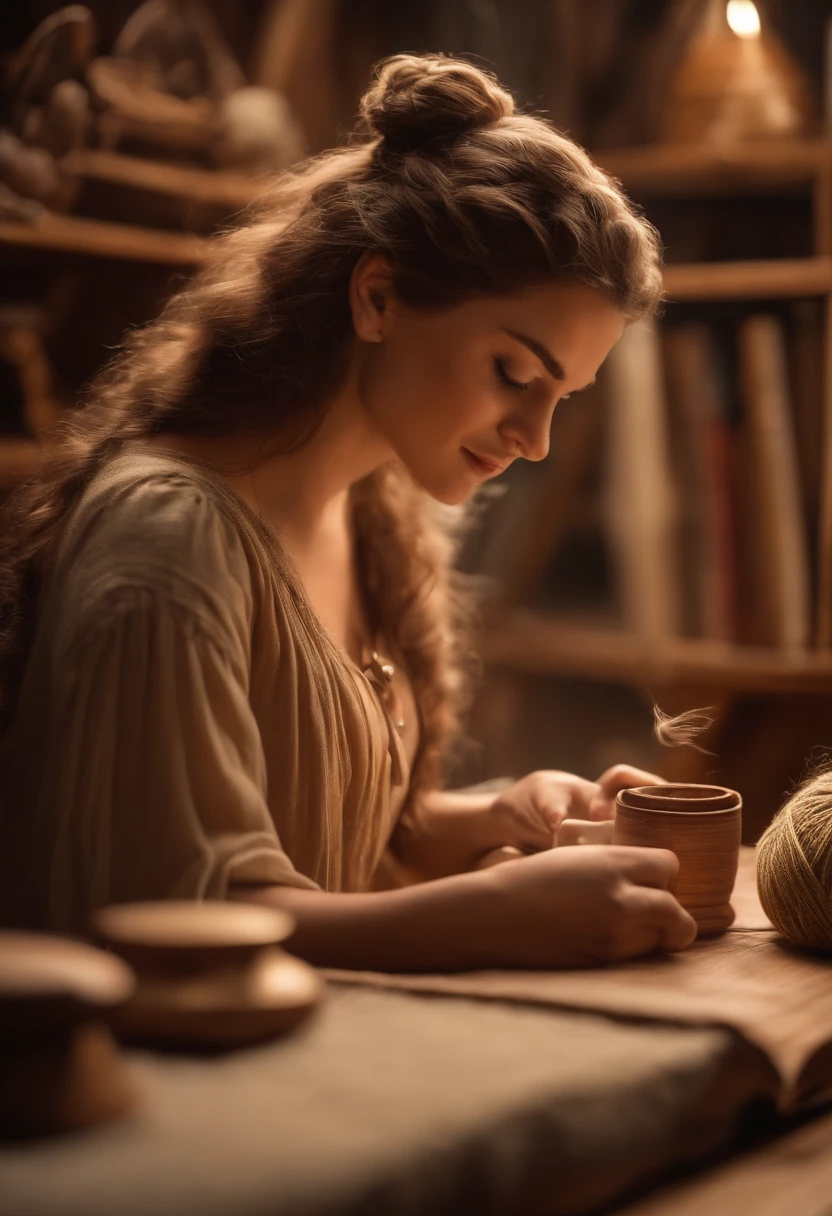fazer uma imagem estilo poster de filme disney, de uma mulher branca, Artisan, sorrindo, de cabelos castanhos, medium length, um pouco ondulado com uma franja jogada para o lado direito, olhos castanhos, Sitting at a wooden table crocheting a purse, Inside a studio, with a bookshelf full of yarn for crochet and supplies for crafts.