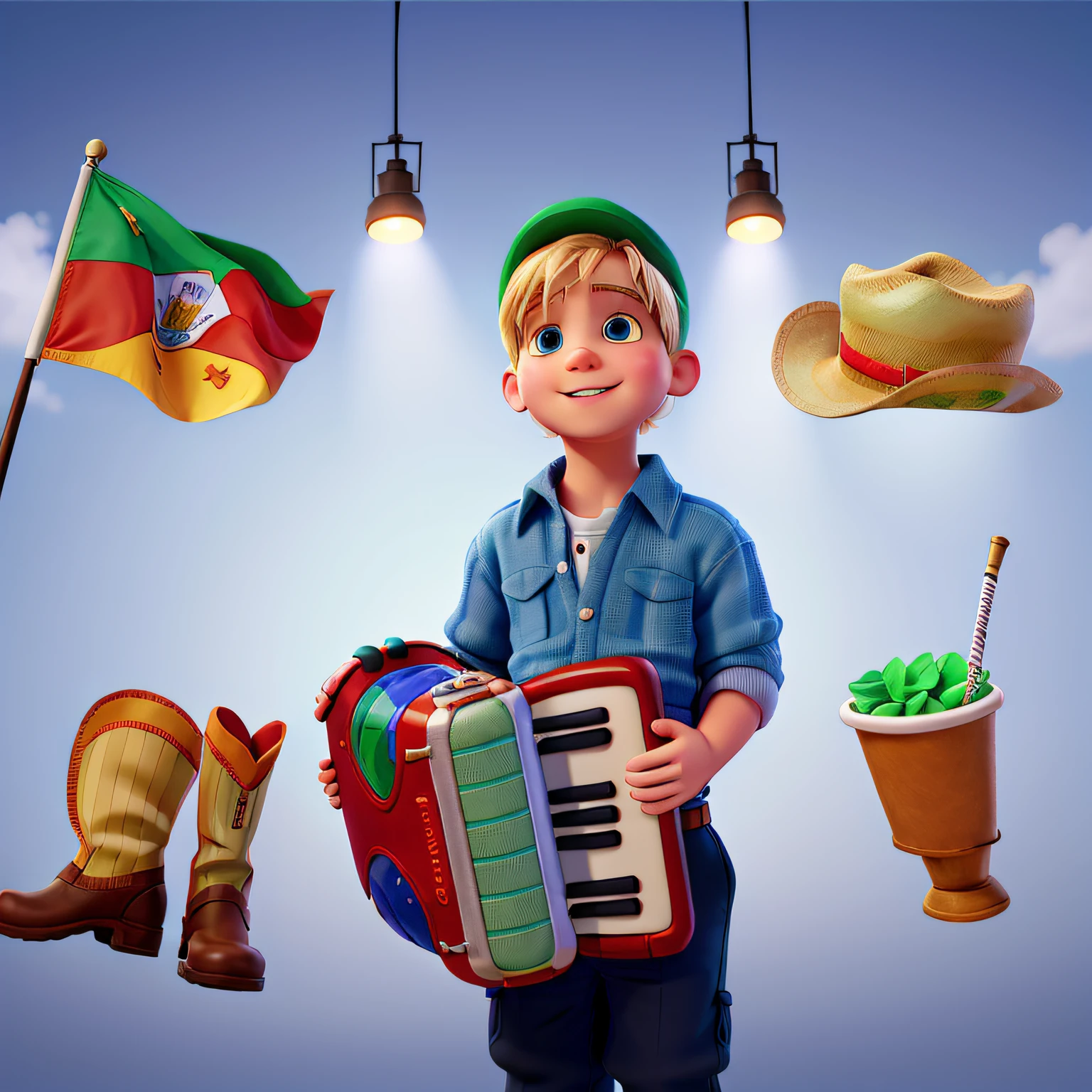 A three years old blonde boy, with green eyes, holding an accordion with a flag, a hat, a boot and a tea like flying elements, in disney pixar style, best quality