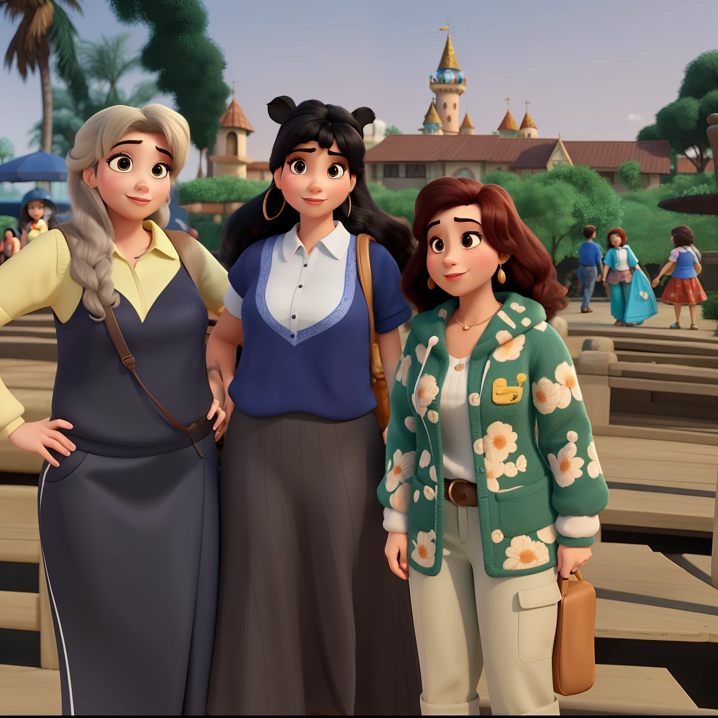 Three women in a Disney Pixar-style format, alta qualidade, melhor qualidade.
