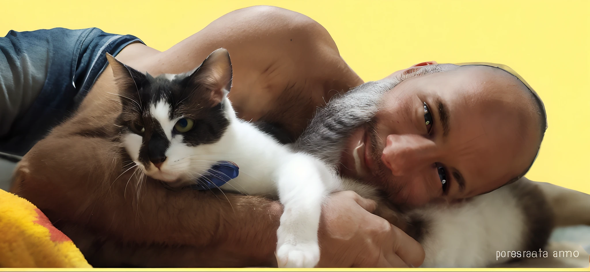 there is a man laying on a bed with a cat, com gato pequeno no colo, segurando um gato, Tom e Jerry da vida real, Jesus segurando um gato bonito, human cat hybrid, Someone, feeling calm, Acariciando um gato, John Picacio e Brom, !!!! Gato!!!!, serious composure, Pets, foto de retrato, Gato, Directed by: Pamela Drew, foto retrato