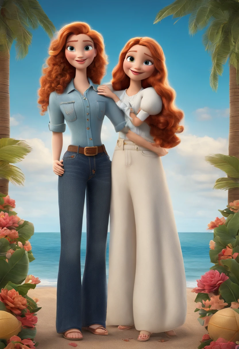 a Disney Pixar movie poster showing two white-skinned friends hugging. A friend is the tallest, Tem rosto comprido, loira, olhos verdes, cabelos longos, lisos e penteado de lado, usa roupas claras e jeans. A outra amiga tem olhos castanhos, rosto arredondado, cabelo cacheado, longo e vermelho fogo, usa camiseta preta e jeans. The background is a beach garden. 3D-rendering