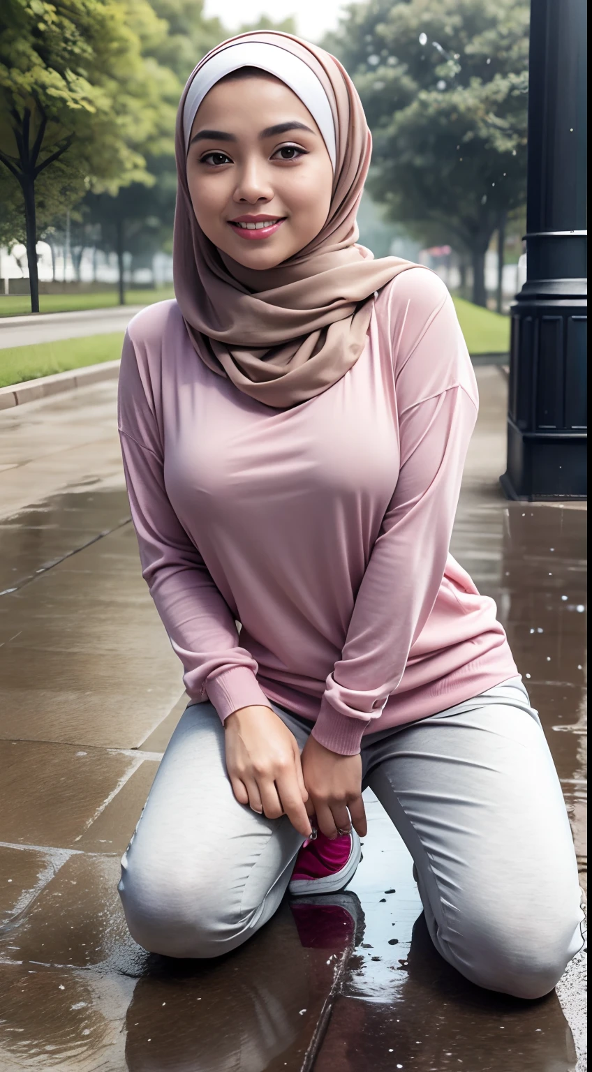 RAW, Best quality, high resolution, masterpiece: 1.3), beautiful Malay woman in hijab (iu:0.8),Best quality, high resolution, Masterpiece: 1.3, Beautiful  hijabi malay girl, Masterpiece, Soft smile,Beautiful Malay women wear pastel color hijab kneeling in heavy rain , ((in street park)), bright sunshine, hiking clothes, pullover, long pants, highres,4k,HDR,1girl, photorealistic, realistic,sweat skin, wet clothes, wet body, big breast, ((full body))soaked, dripping, smiling at viewer, closeup