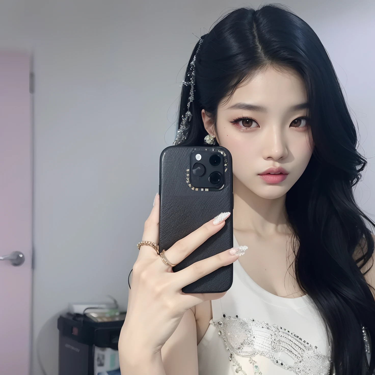 um close de uma mulher com cabelos longos segurando um telefone celular, Ulzzang, cruel korean goth girl, Ela tem cabelo preto com franja, com cabelos longos e olhos penetrantes, Fotografia selfie 8k, cabelos longos com franja, Asian girl with long hair, Jinyoung Canela, branco hime corte penteado, cabelo preto longo com franja, cabelo comprido com franja completa