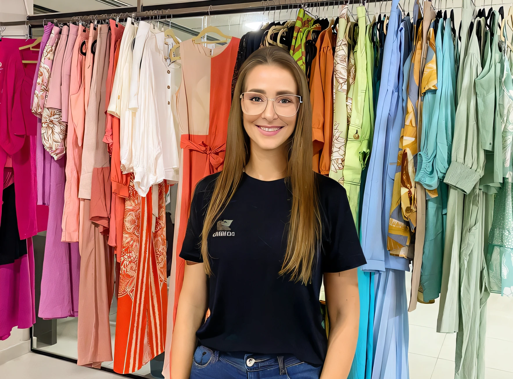 Woman Standing Behind A Rack Of Clothes, mulher de pele clara com cabelos liso na cor castanho claro, Wearing a pair of glasses, com calca jeans e uma camiseta preta